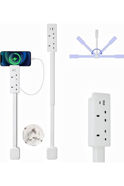 Generic موسع مقبس كهربائي، يتميز بمنافذ USB-A وUSB-C وموسعين إضافيين لمقبسي ت...