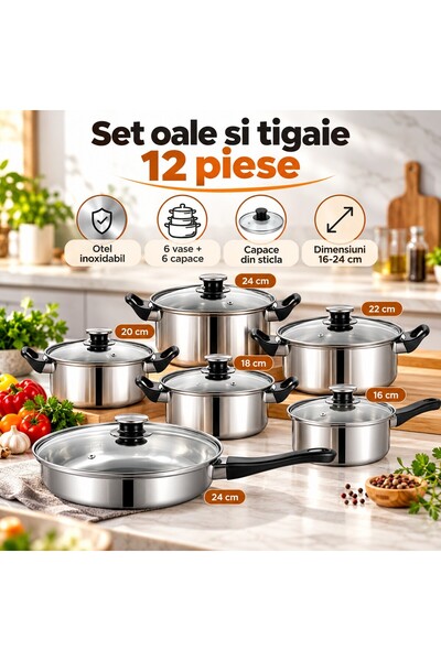 Fabrilux Set Oale si Tigaie 12 Piese din Otel Inoxidabil, 6 Vase cu Capace di...