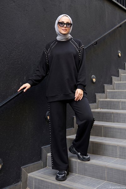 Ceremony Blouse and Pants with Patchwork Details Luna Set 945 Black