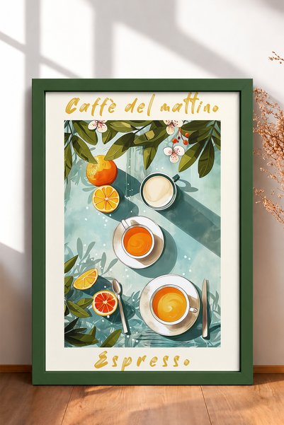 HOMEPACK Caffè del Mattino Τουρκουάζ Τραπεζάκι Καφέ Πίνακας με Κορνίζα Αφίσα ...
