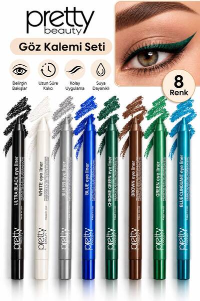Pretty Beauty 8’li Renkli Eyeliner Göz Kalemi Seti – Siyah, Beyaz, Mavi, Yeşi...