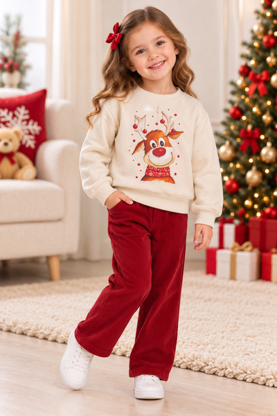 Büşra Bebe Girls' Sweatshirt with a Christmas Reindeer Print.