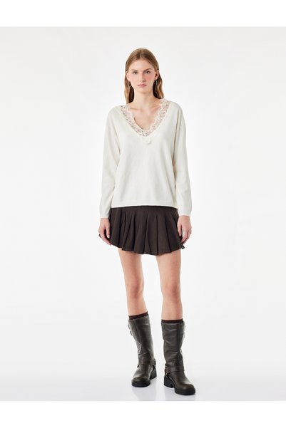 Koton Women White Lace V-Neck Long Sleeves Sweater
