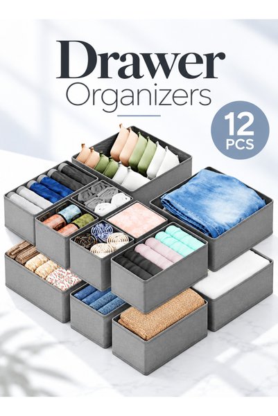 Yoawllty 12 علبة تنظيم للملابس باللون الرمادي لخزانة الملابس وغرفة الأطفال