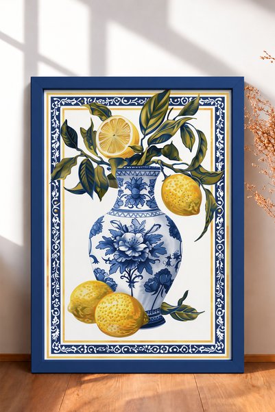 HOMEPACK لوحة فنية بإطار عليها رسومات أغصان الليمون، موضوعة في مزهرية من الخز...