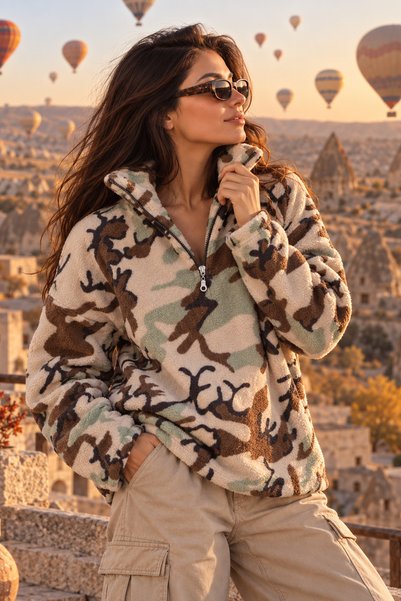 Pena Women's brown camouflage pattern welsoft plush long-sleeved zippered swe...
