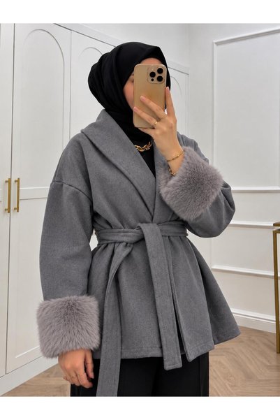 New Lune kadın tesettür kaşe ceket/ %100 pamuk kol kürk detaylı / kuşaklı ve ...