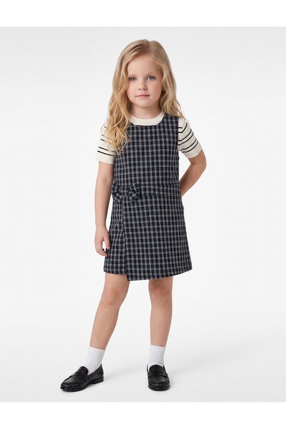 Koton Baby Girls Navy Checked Round Neck Sleeveless Playsuit