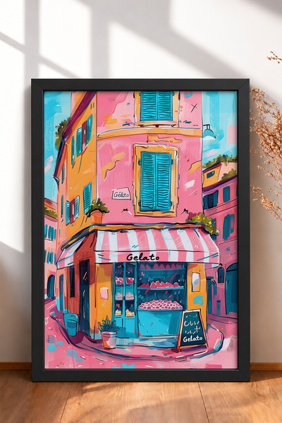 HOMEPACK Πίνακας με κορνίζα «Gelato» – Ροζ παγωτατζίδικο – Αφίσα από την Ιταλ...