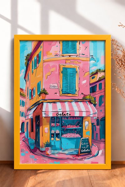 HOMEPACK Πίνακας με κορνίζα «Gelato» – Ροζ παγωτατζίδικο – Αφίσα από την Ιταλ...
