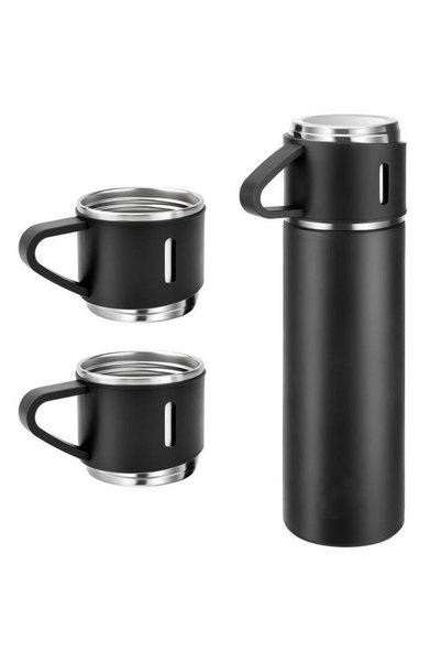 OEM Set termos 500ml negru 22.5x6.6cm cu 3 căni din oțel inoxidabil