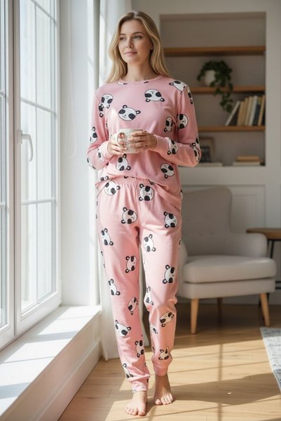 Therapy Set de pijamale de damă cu model panda – Bluză și pantaloni, roz, mat...