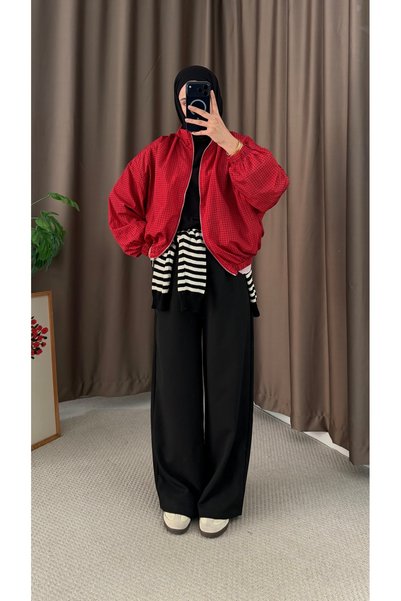 Hepsi Moda Square Pattern Bomber Jacket - 929 - Red