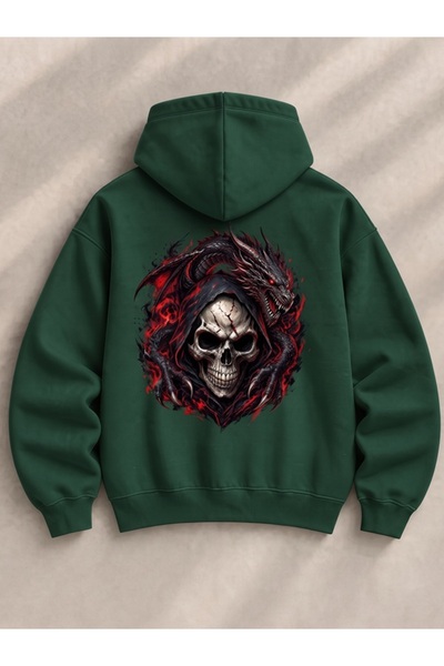 EXPECTED Hanorac unisex oversize cu imprimeu craniu de dragon, cu glugă, în s...