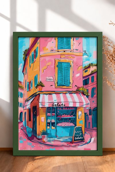 HOMEPACK Πίνακας με κορνίζα «Gelato» – Ροζ παγωτατζίδικο – Αφίσα από την Ιταλ...