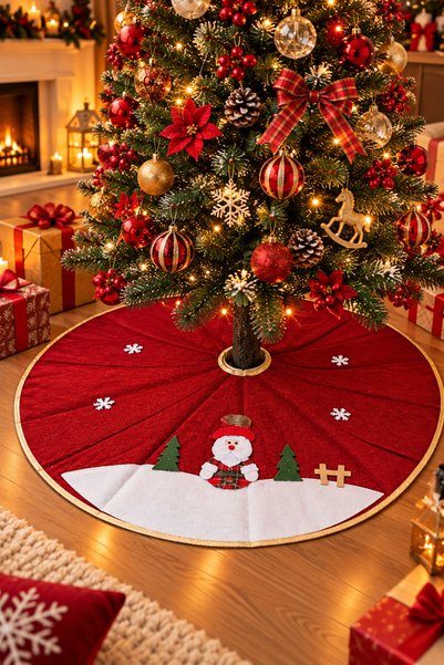Yıldızhane Yılbaşı Çam Ağacı Altı Örtüsü Noel Baba Desenli Kırmızı Yılbaşı Ağ...