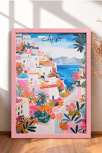 HOMEPACK لوحات مرسومة بإطار تصور منازل بيضاء مزينة بالزهور على سفوح كابري، مل...