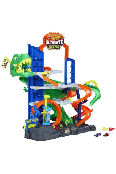 HOT WHEELS city set de joaca garaj t rex suprem cu 2 masinute incluse