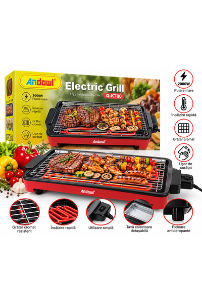 Andowl Grătar Electric Q-K780, de Masă, cu Grilaj Metalic, Roșu și Negru