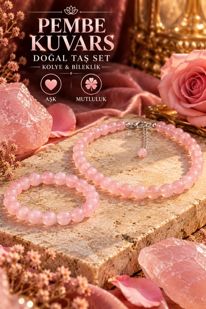 NBS Beautiful Naturel Stones Pink Quartz Bracelet and Necklace Set, Simple, E...