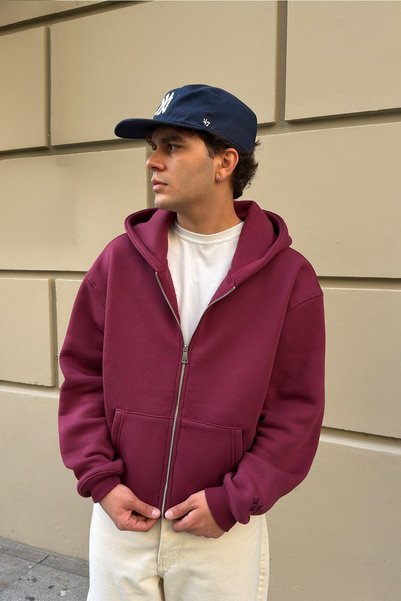 Flaw Wear FW Cool Puff Relaxed Fit Burgundy Zip-Up Hoodie