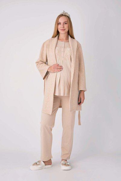 ERDENİZ TEKSTİL Maternity Pajama Set with Robe, 3-Piece Set, Lace Panel, Butt...