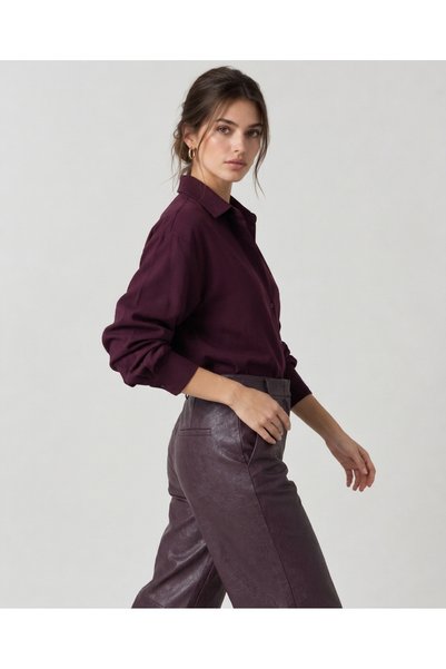 Meşe Moda Kadın Bordo Oversize Poplin Uzun Kollu Gömlek