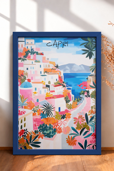 HOMEPACK لوحات مرسومة بإطار تصور منازل بيضاء مزينة بالزهور على سفوح كابري، مل...