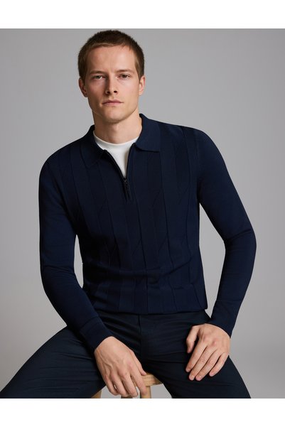 Pierre Cardin Navy Blue Slim Fit Zippered Polo Neck Knit Sweater 50330194-Vr033