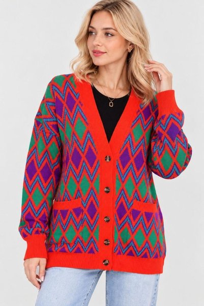 Benedetto New Season Women's Ethnic Patterned V-Neck Buttoned Pocketed Oversi...
