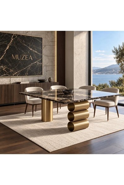 Grand CNS Group ECLIPSE Mermer Tabla ve Ahşap Metal Ayak Görünümlü Modern Masa | Doğal Taş & Metal Detaylı Tasarım