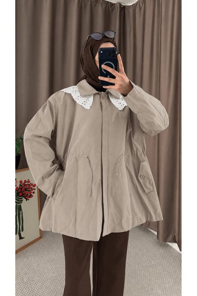 Hepsi Moda Lace-Trimmed Trench Coat - 110 - 90017 - Stone
