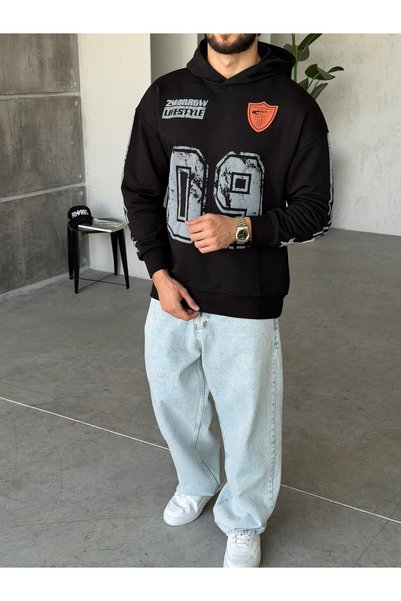 FO4RBS 09 Vintage Printed Oversized Hoodie T-Shirt, Black.