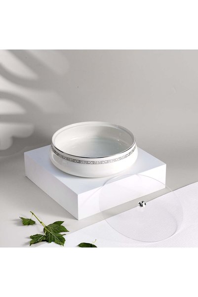 Otantik Home طبق كبير للتمر مع نقش - أبيض وفضي
