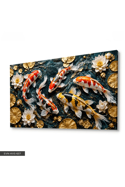Evinemoda Dokulu Görünüm Japon Balıkları ve Lotus Tek Parça Kanvas - Canvas Tablo