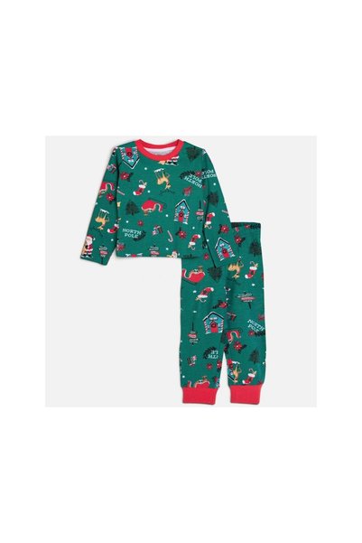 Jumbo Pijama de Craciun din Bumbac Verde cu Modele