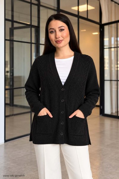 ModaPlaza Women's Plus Size Buttoned Pocketed Hattush Knit Cardigan 8002