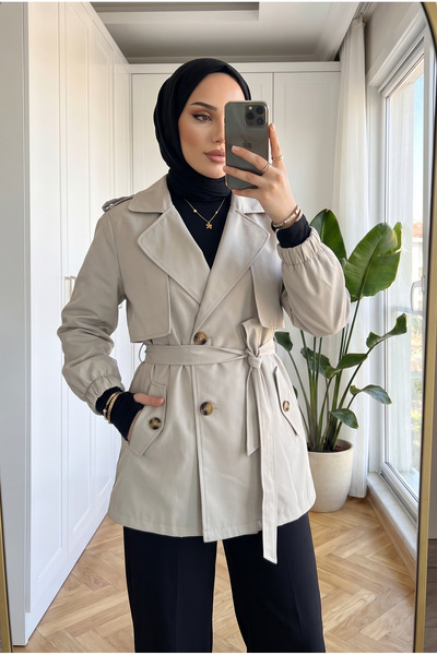 Kirazca Butik معطف قصير بحزام وأكمام مطاطية للنساء، مناسب للارتداء مع الملابس...