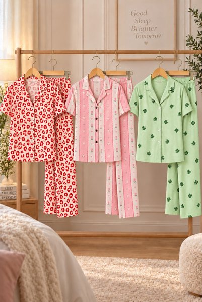 FİT WOMEN 3 Pieces Women's Short Sleeve Comfort Pajama Set
