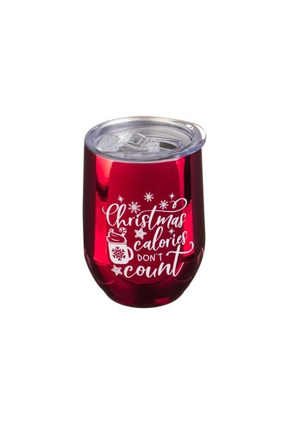 Jumbo Pahar Izoterm Metalic Rosu cu Imprimeu de Craciun & Capac Transparent 3...