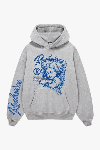 Bak Moda Rockstar Angel Printed Oversize Unisex Gray Melange Hoodie