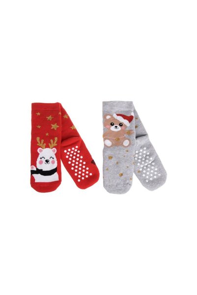 Jumbo Sosete de Craciun Rosii Gri cu Model Ren & Ursulet Anti-slip pentru Cop...