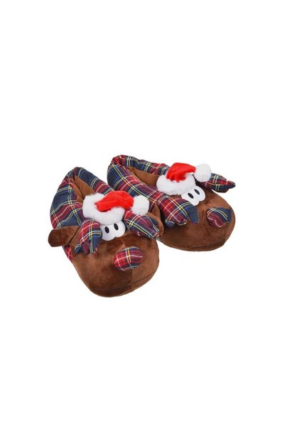 Jumbo Papuci de Casa pentru Barbati Cerb 3D Maro cu Carouri Caciula Rosie & C...