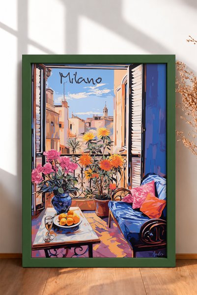 HOMEPACK Colț de relaxare cu flori pe balconul din Milano, tablou înrămat, po...