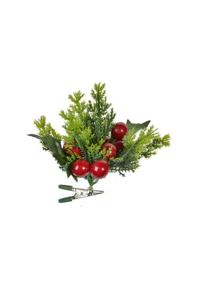 Jumbo Floare de Craciun cu Clips Crenguta de Brad & Pomusoare Rosii 9cm
