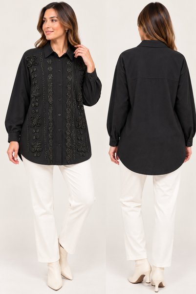 saloon collection Women's Embroidered Oversized Shirt Tunic with Beaded Detai...