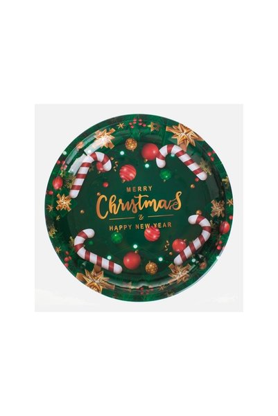 Jumbo Farfurie Decorativa de Craciun Metalica Verde cu Ornamente Ø26cm