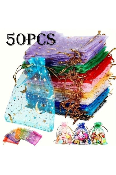 Generic 50 قطعة من أكياس الحلوى الشبكية بألوان متنوعة، بتصميم القمر والنجمة، ...