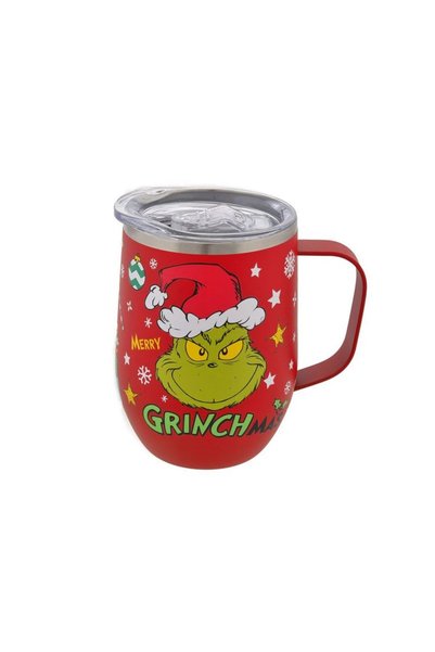 Jumbo Pahar - Termos Metalic Rosu cu Model de Craciun Grinch & Capac Transpar...