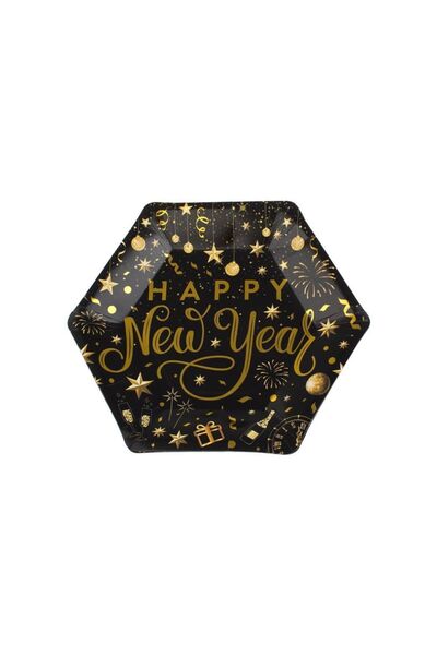 Jumbo Farfurii de Petrecere din Carton Negre cu Folie Aurie "Happy New Year" ...